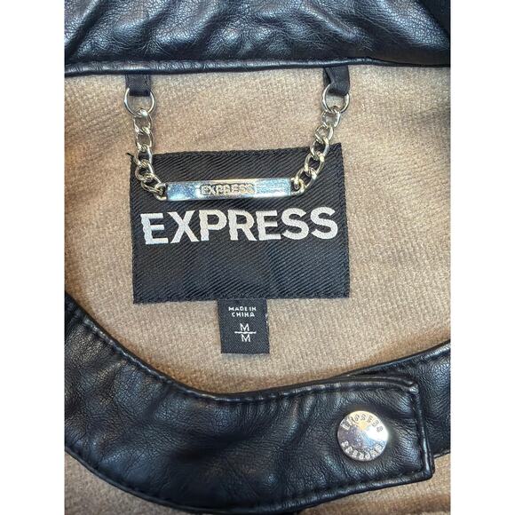 Express Two Toned Beige and Black Leather Full Zip Blazer Jacket Poly Women Med - Picture 4 of 10